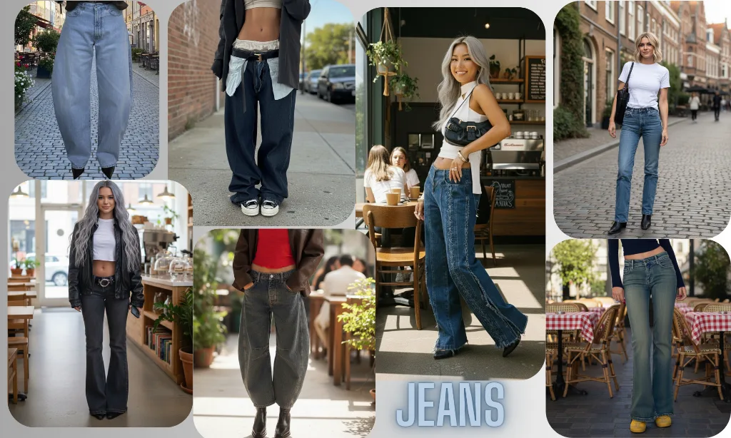 Collage of 8 women wearing different jeans styles