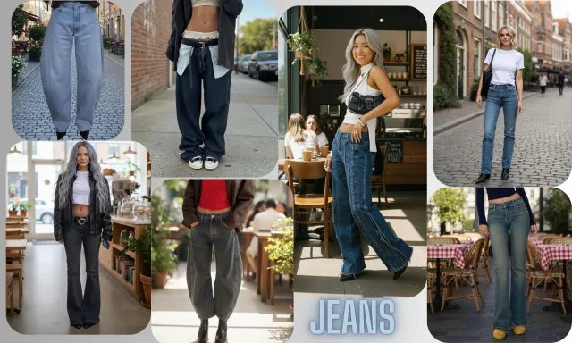 Collage of 8 women wearing different jeans styles