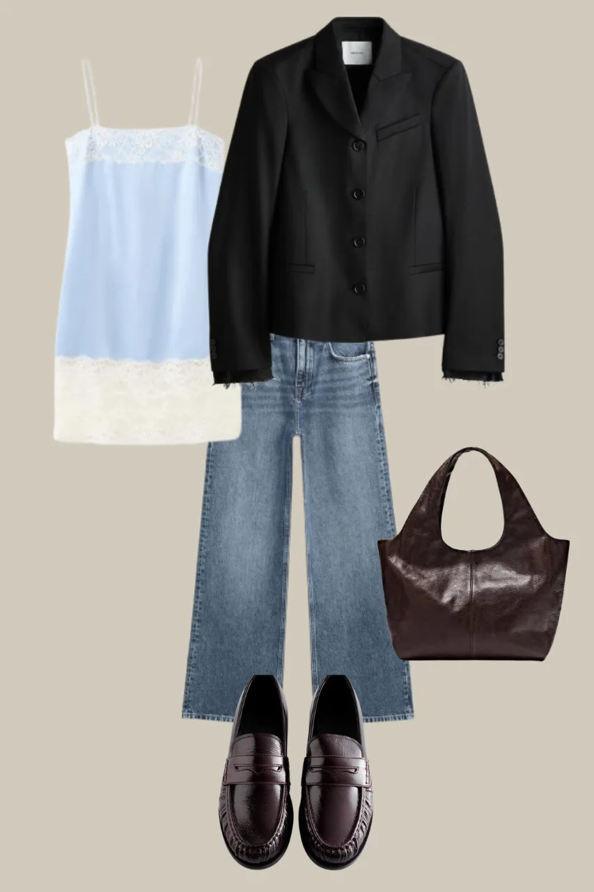 baggy jeans styled with leather loafers and simple top