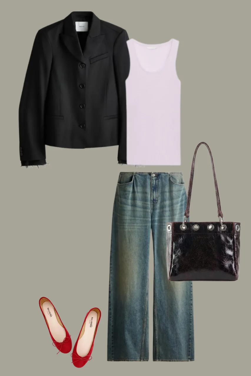 polished baggy jeans outfit with blazer and simple top