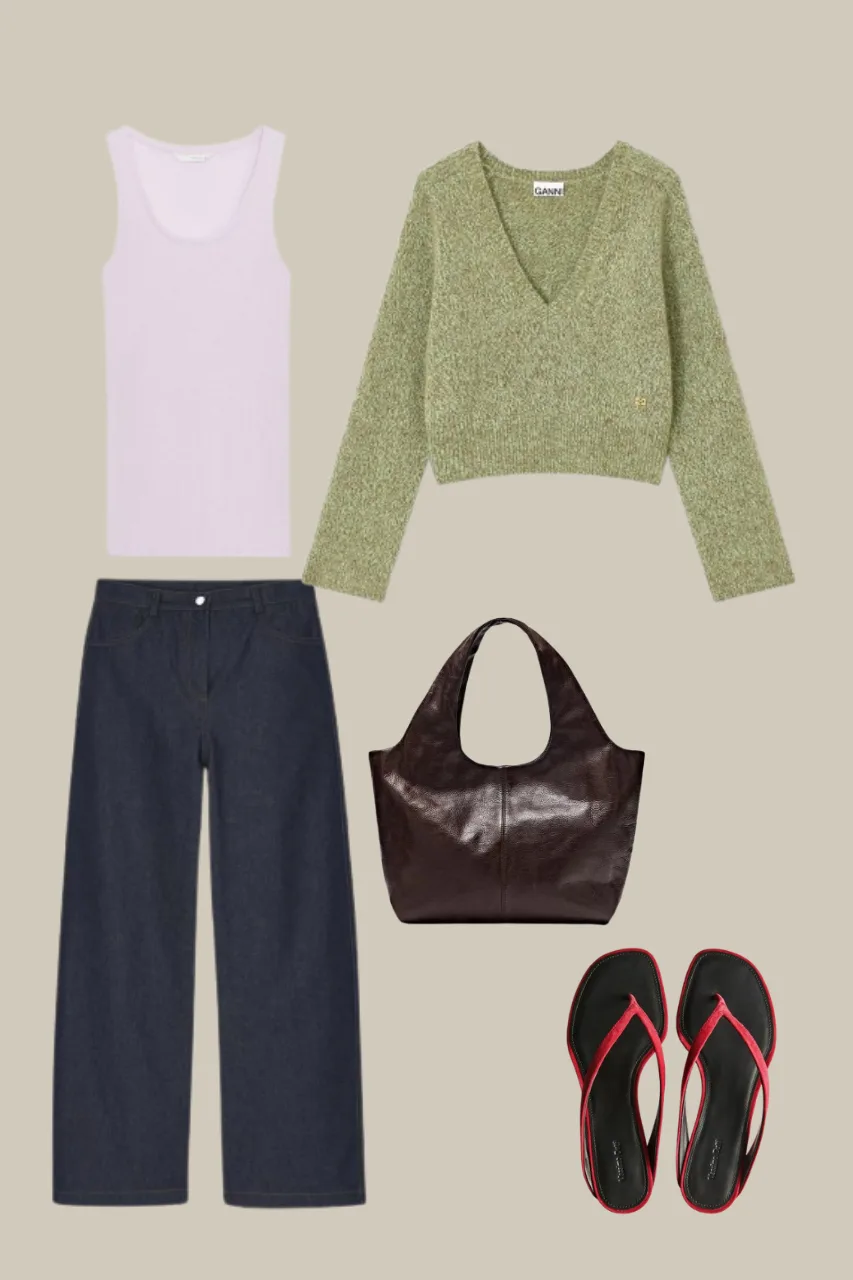 relaxed baggy jeans outfit with neutral knit sweater