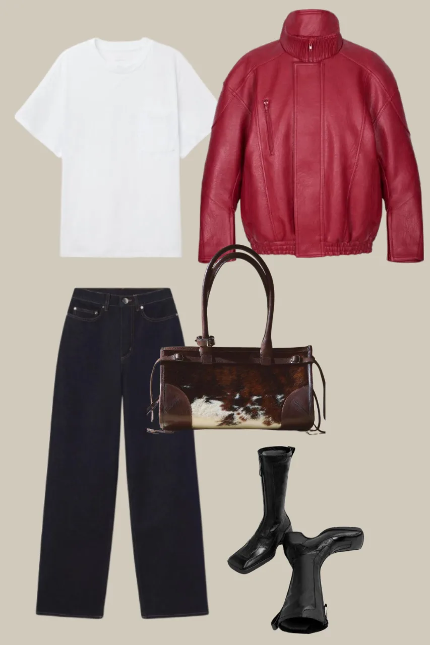 baggy jeans with leather jacket casual outfit