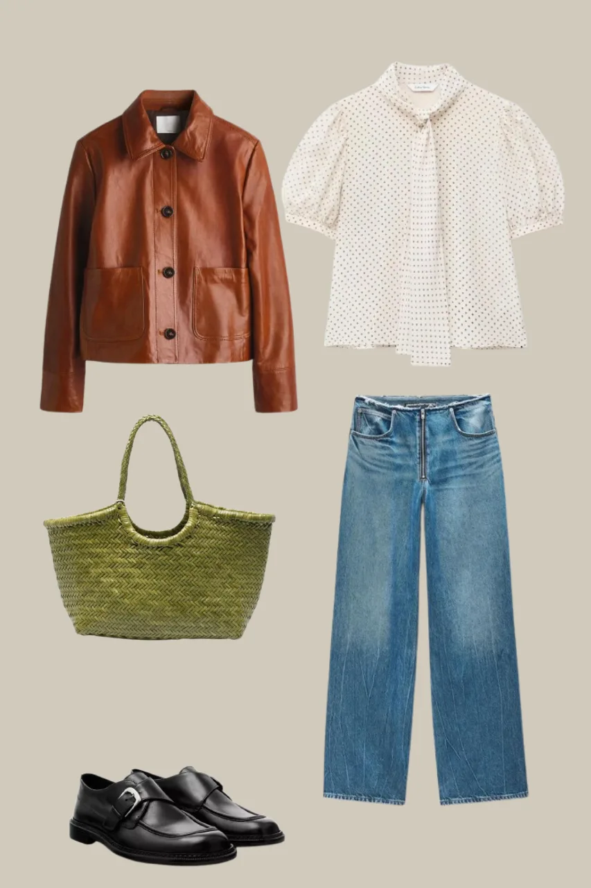 edgy denim outfit with baggy jeans and leather jacket