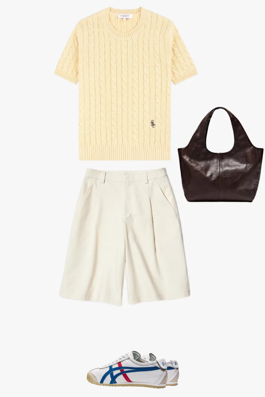 summer old money outfit with knit sweater and tailored shorts